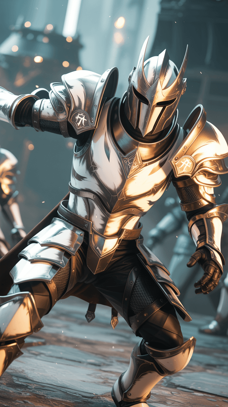 AI generated: A high-class knight in action, wearing elaborate armor with dark gold and white metallic finishes, s...