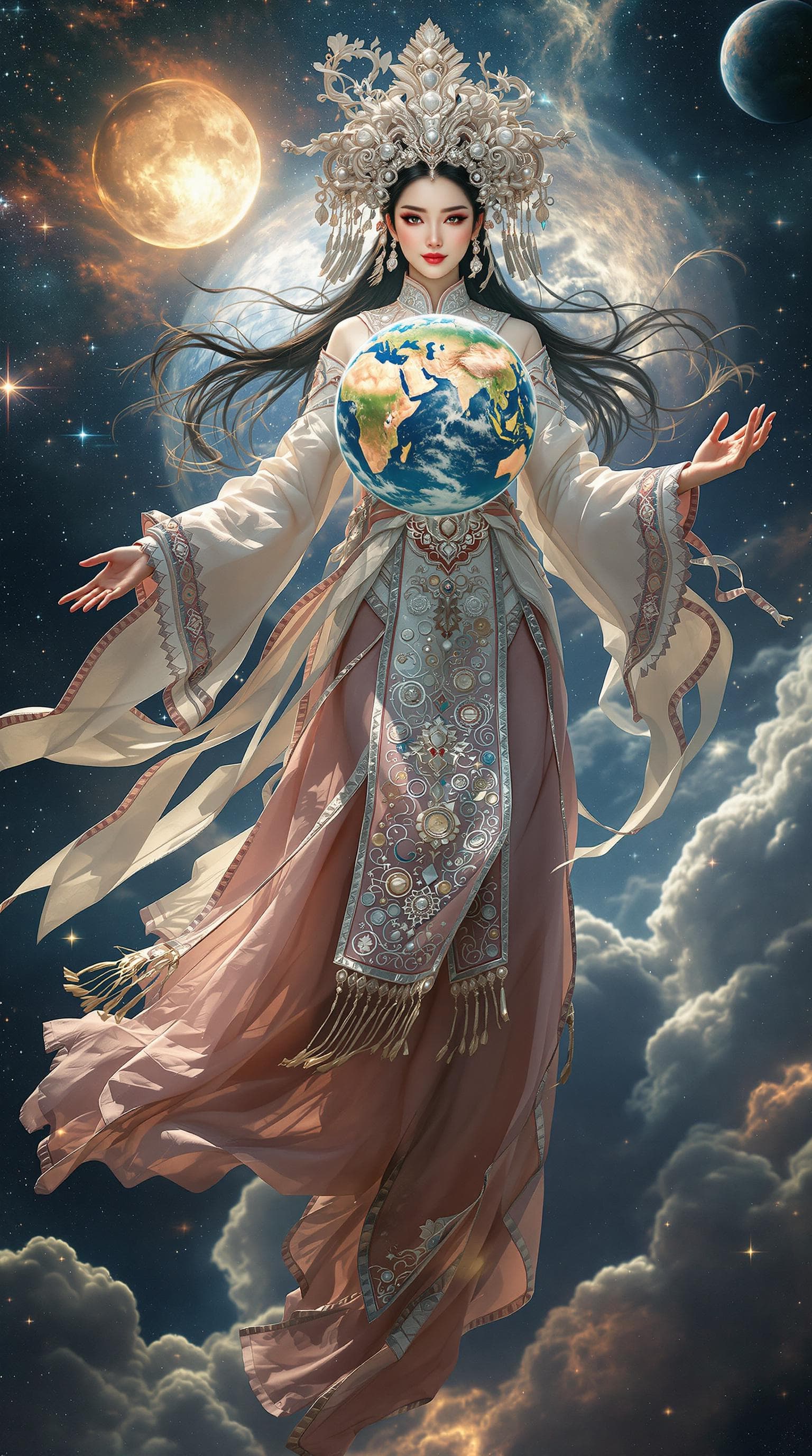 AI generated: full body and fantastical depiction of a massive cosmic Hmong girl floating through the vastness of ...