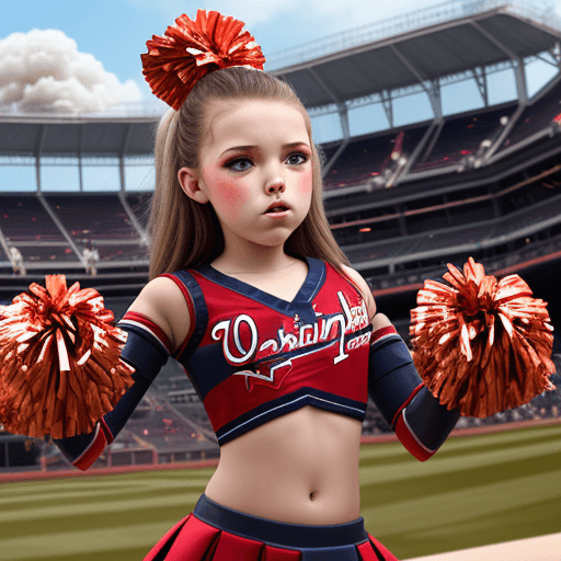 AI generated: Washington Nationals 13-14 year old robot cheerleader, malfunctioning, smoke coming out of her