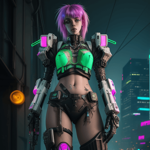 AI generated: cyberpunk female with cracked worn neon armor in front of a battlemech