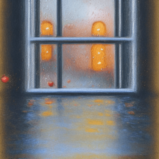 AI generated: an encaustic, impressionist style oil painting of a windowsill with a lit red candle. 
 The candle's...