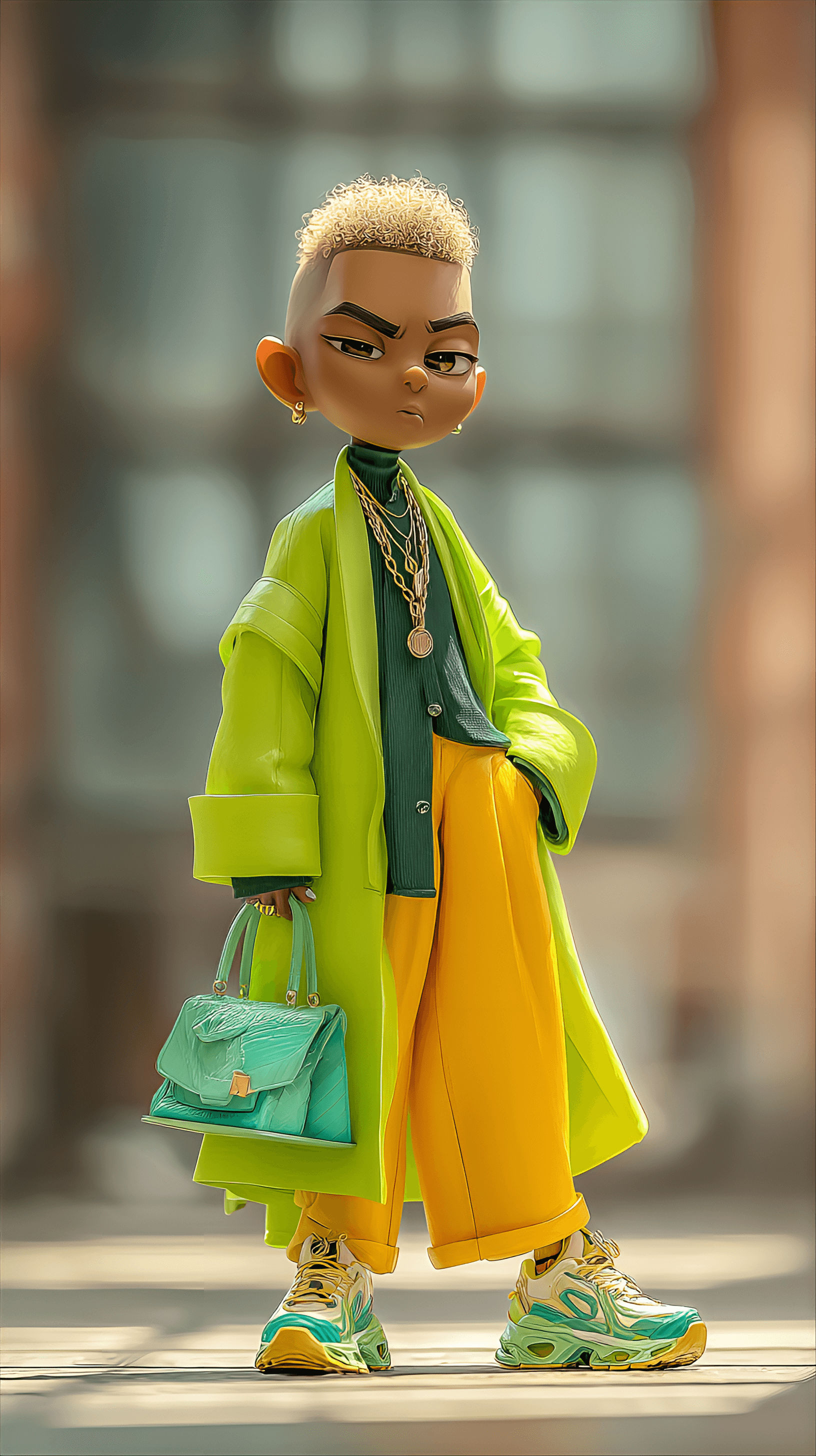 AI generated: cute caricature chibi, vibrant chibi fashionista, standing confidently in urban setting, the vibrant...