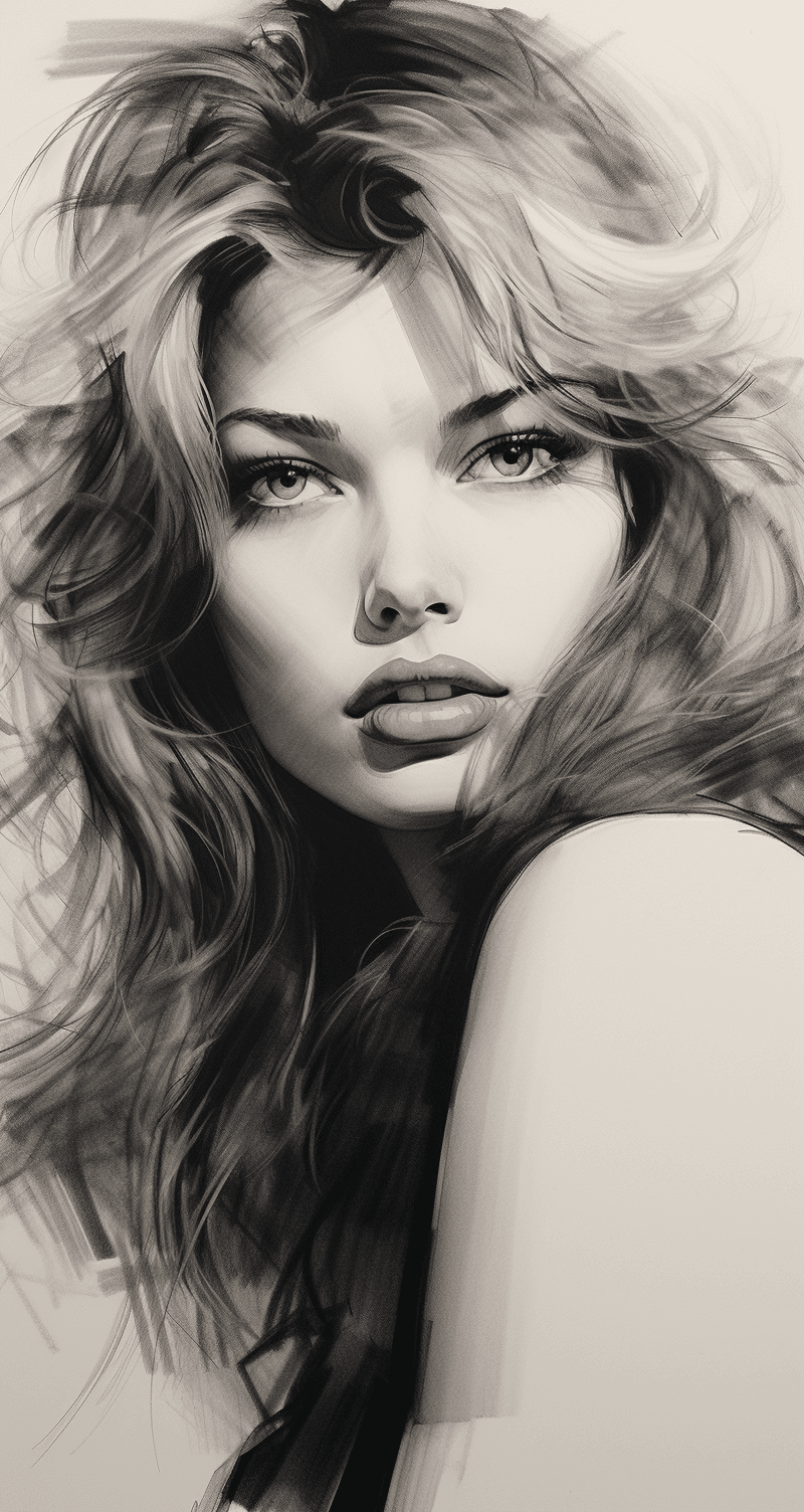 AI generated: An expressionist charcoal sketch, a stunningly beautiful woman with piercing blue-green eyes, bold, ...