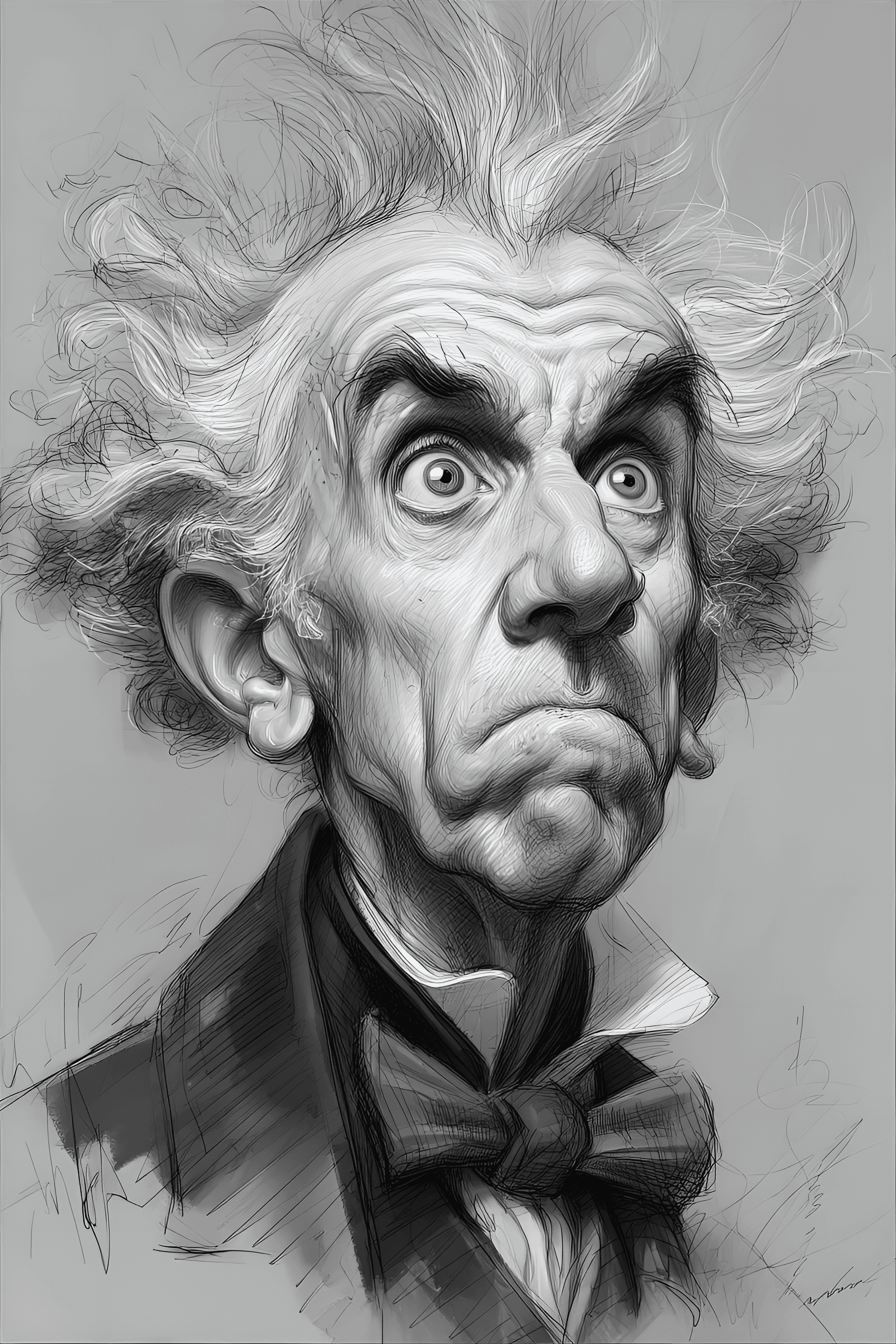 AI generated: funny caricature, eccentric artist caricature, male, caucasian ethnicity, 70 years old, wild-haired,...