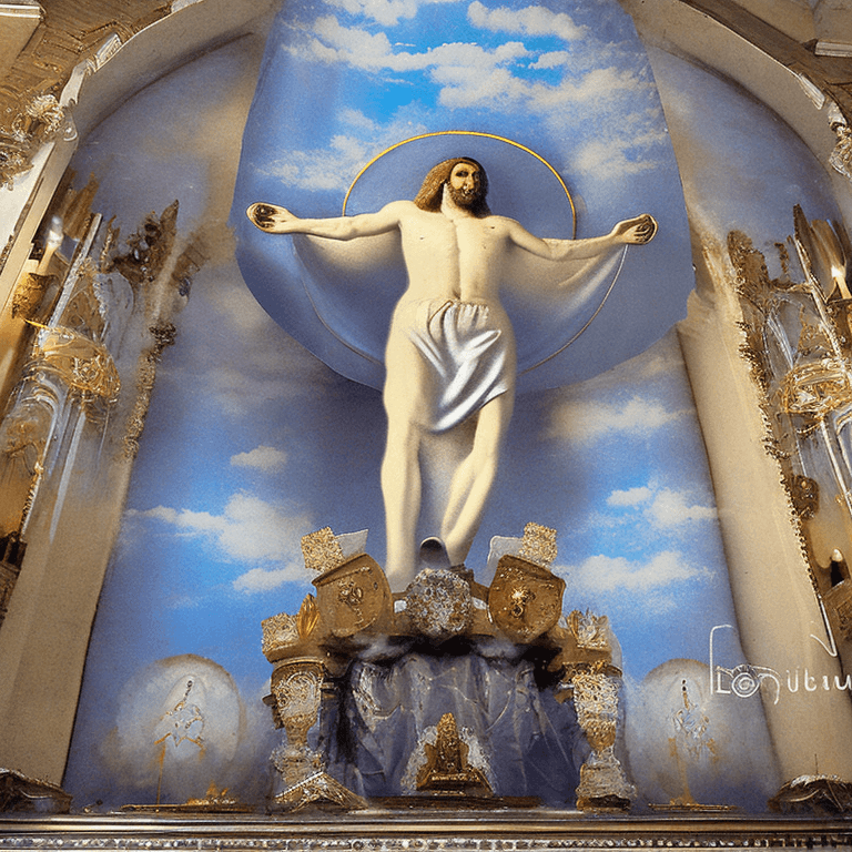 AI generated: "Gesù Cristo in piedi su una nuvola, con lo Spirito Santo che scende su di lui in forma di colomba, ...