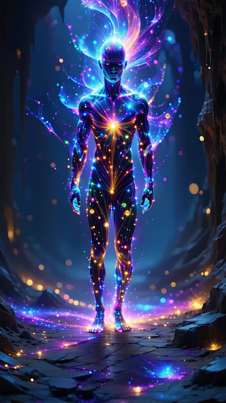 AI generated: A surreal representation of existence as pure energy, showing a humanoid figure made entirely of rad...