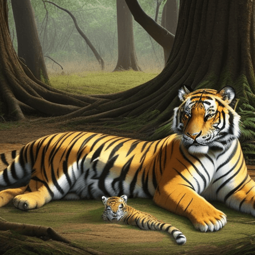 AI generated: An image of a tiger family – a tigress with her cubs – resting in a serene forest setting.