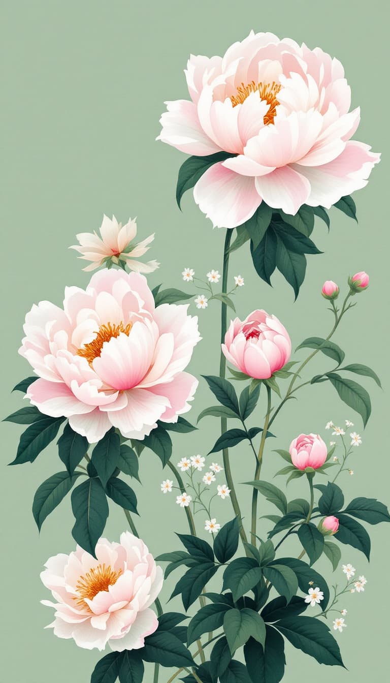 AI generated: Beautiful Chinese peonies decorate the soft light green canvas
