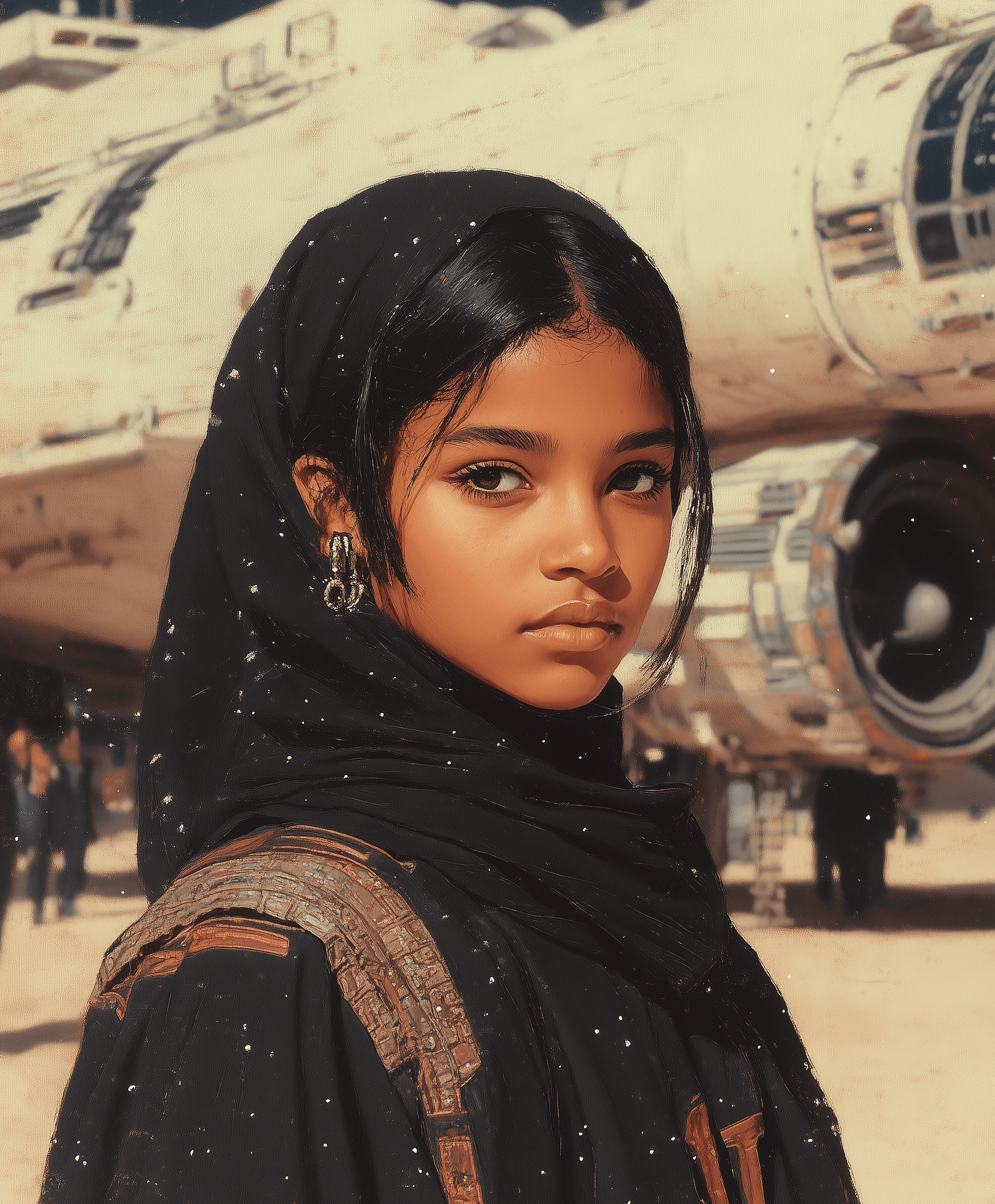 AI generated: 70s book art of dark fantasy, an Emirati woman wearing black robes standing in front of a large whit...