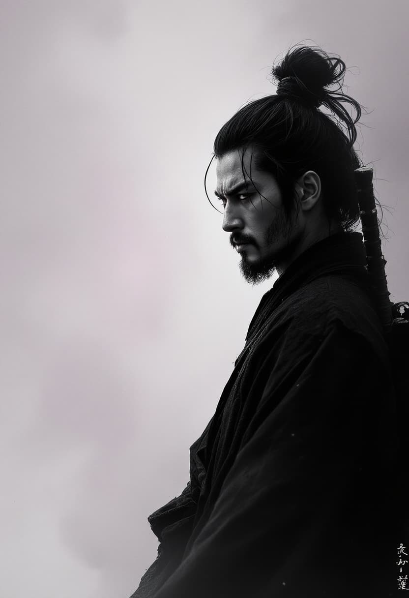 AI generated: side portrait of a lone samurai warrior with a calm but intense expression, ink wash style, textured...