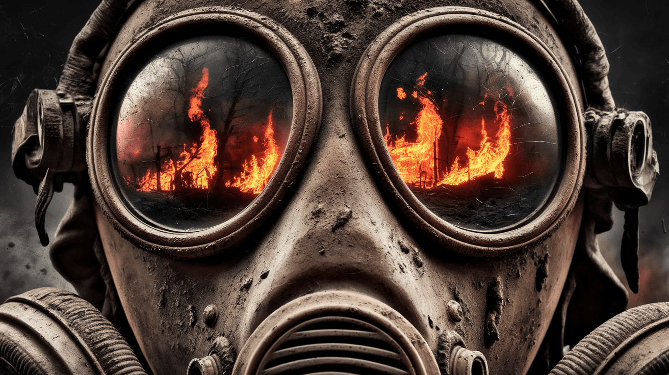 AI generated: A close-up shot of a Chernobyl liquidator's gas mask, filling the frame with gritty, realistic detai...