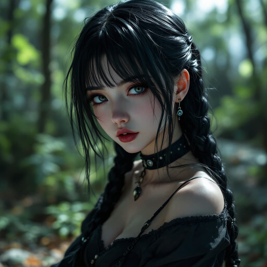 AI generated: Gorgeous gamer girl with black long hair in low pigtails goth choker nosering high detail 4k realist...