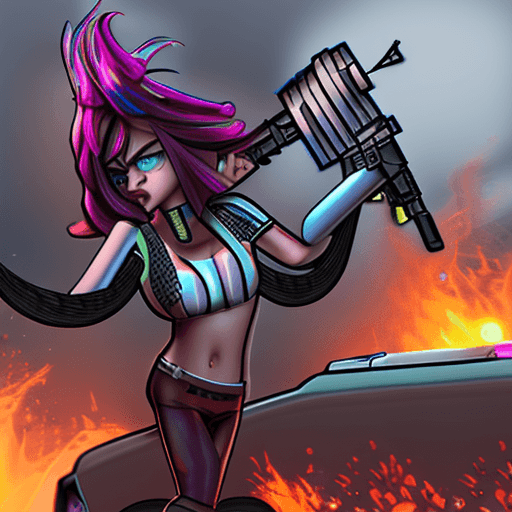 AI generated: Jinx, on top of a police car, explosions behind her, fire, chaos, minigun, far view, bullet hell, <l...