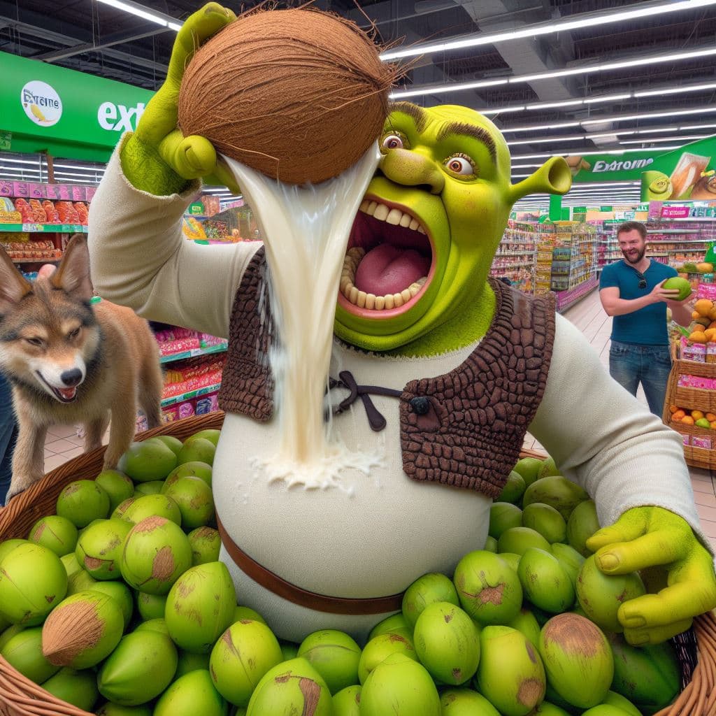 AI generated: Shrek tipping a sack of coconuts on his head in the supermarket, extreme