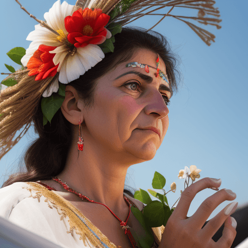 AI generated: Extremely low angle shot of a Greek 
woman wearing loose calluses and decorated with a flower awaiti...