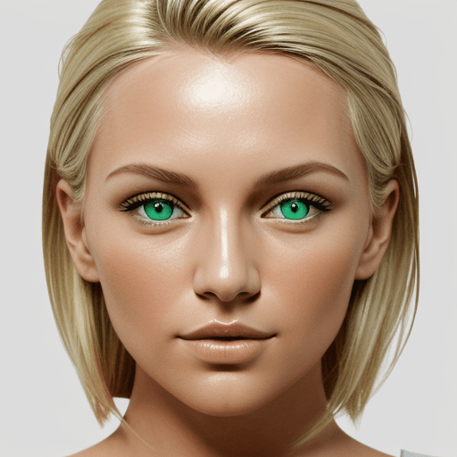 AI generated: a photo of a blonde woman, bright green eyes, in the style of minimalist beauty, light bronze and br...