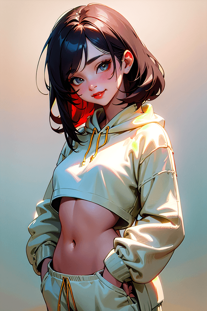 AI generated: 1 girl, beautiful Korean girl, (Cute Loose Bob hair), (wearing a cropped hoodie, capri sweatpants:1....