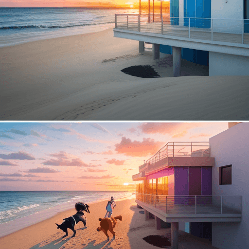 AI generated: A modern house by the beach, on sand, vibrant colors, 4k, ultra hd, real life, ultra detail, sunset,...