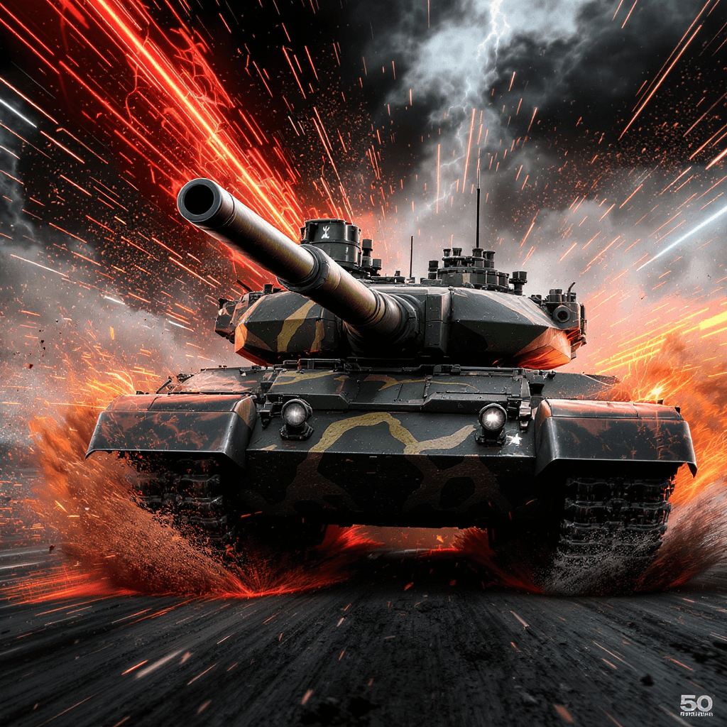 AI generated: Dynamic ultra-realistic portrait of an Indian Army battle tank charging forward, vibrant deep green ...