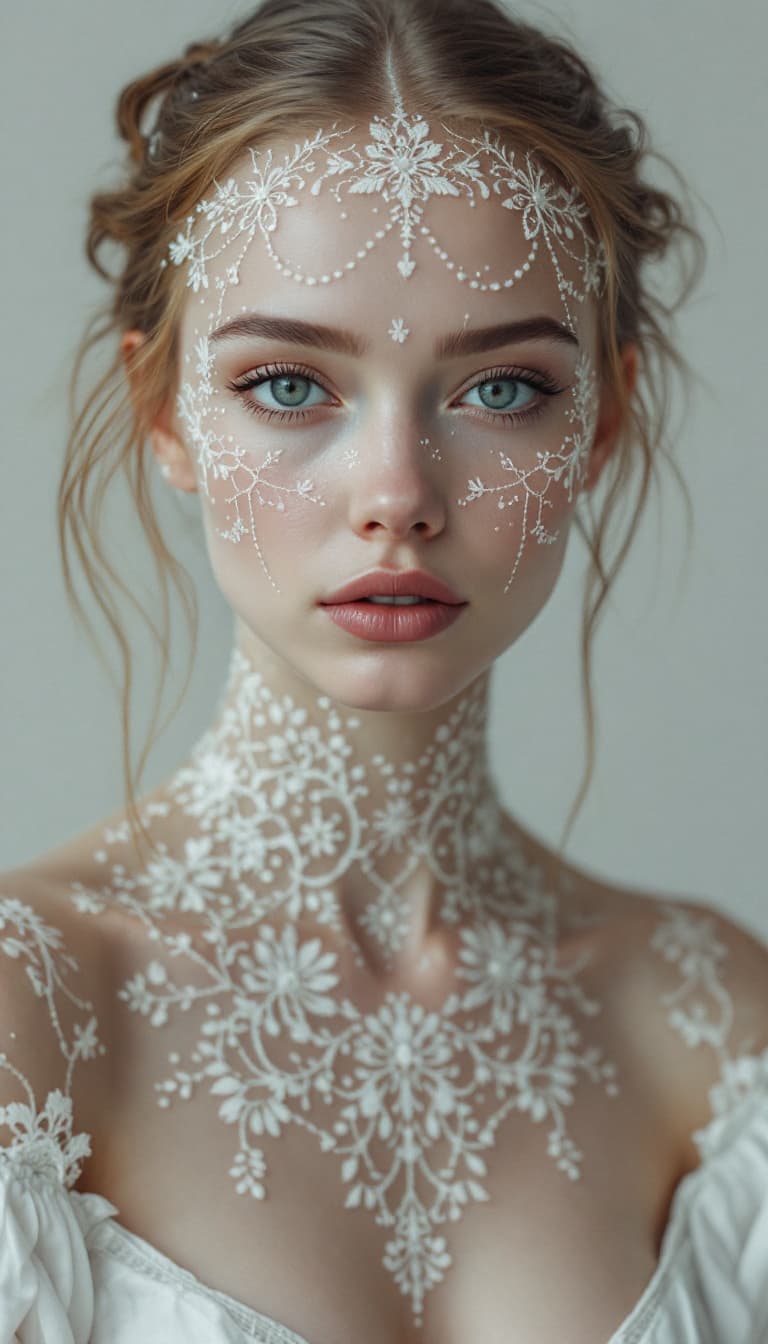 AI generated: the whole face, shoulders and chest are pierced with openwork threads in the style of Ukrainian nati...