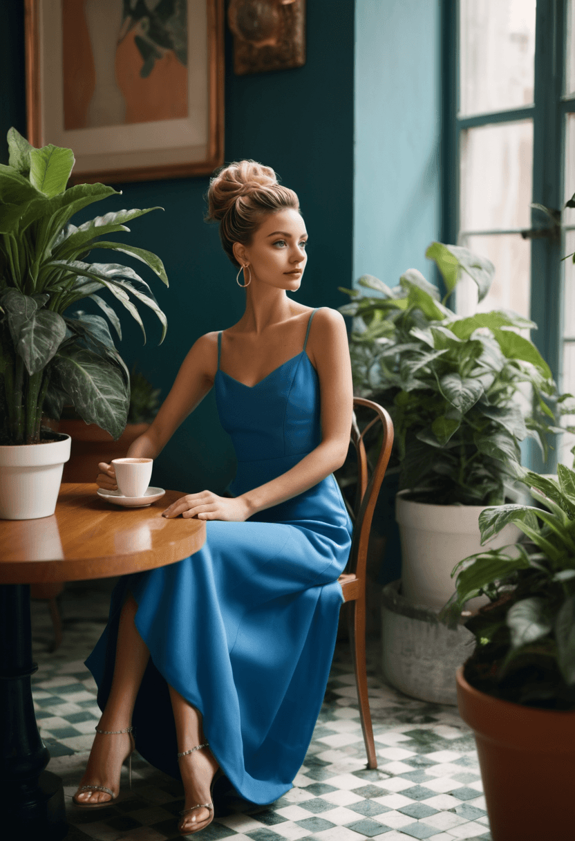 AI generated: photograph of a woman with (twisted updo:1.1), wearing a spaghetti strap blue dress, side view, high...