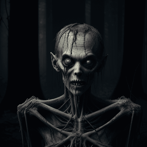 AI generated: An emaciated creature in the woods, ghoul, unholy, creepy, horror, dark, intricate design and detail...