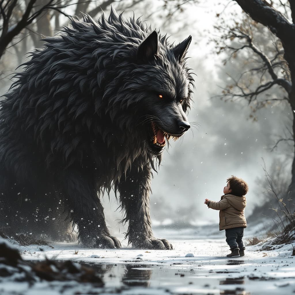 AI generated: A small child playing fetch with a massive friendly giagntic dog, they are friends --chaos 25 --ar 4...