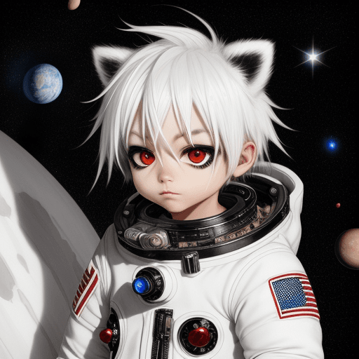 AI generated: shota raccoon, white hair, red eyes, fur, space suit