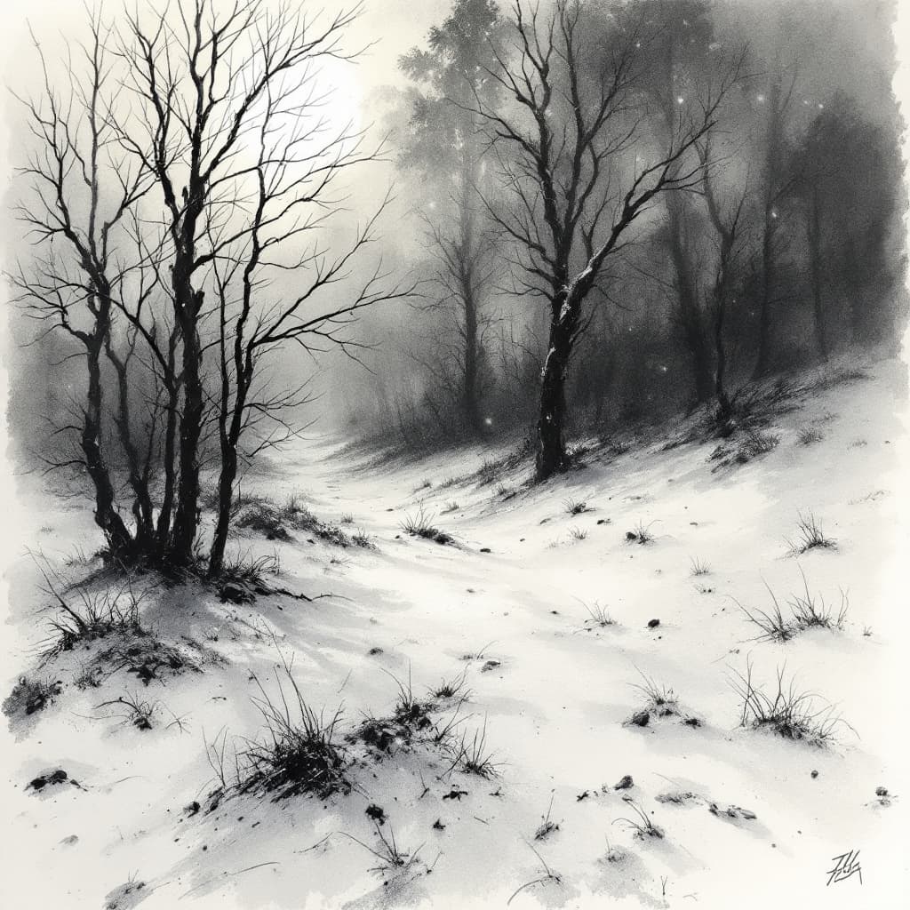 AI generated: a wet ink + charcoal sketch illustration of chilly wind howling in winter, low sunlight, howl, wind ...