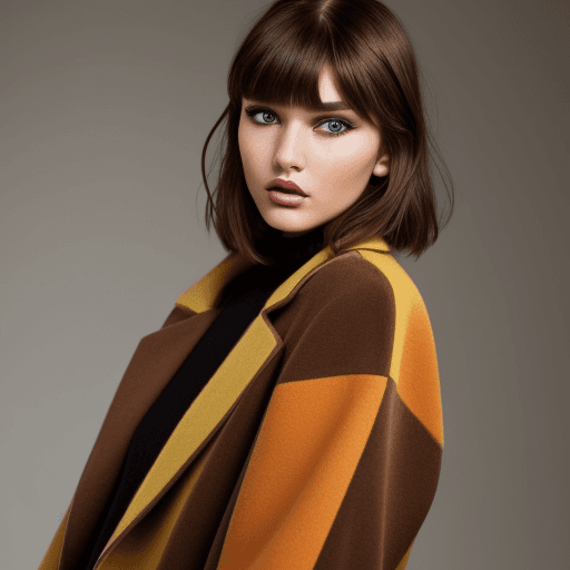 AI generated: A model with brown hair and bangs, wearing colorful makeup in the style of an editorial fashion shoo...