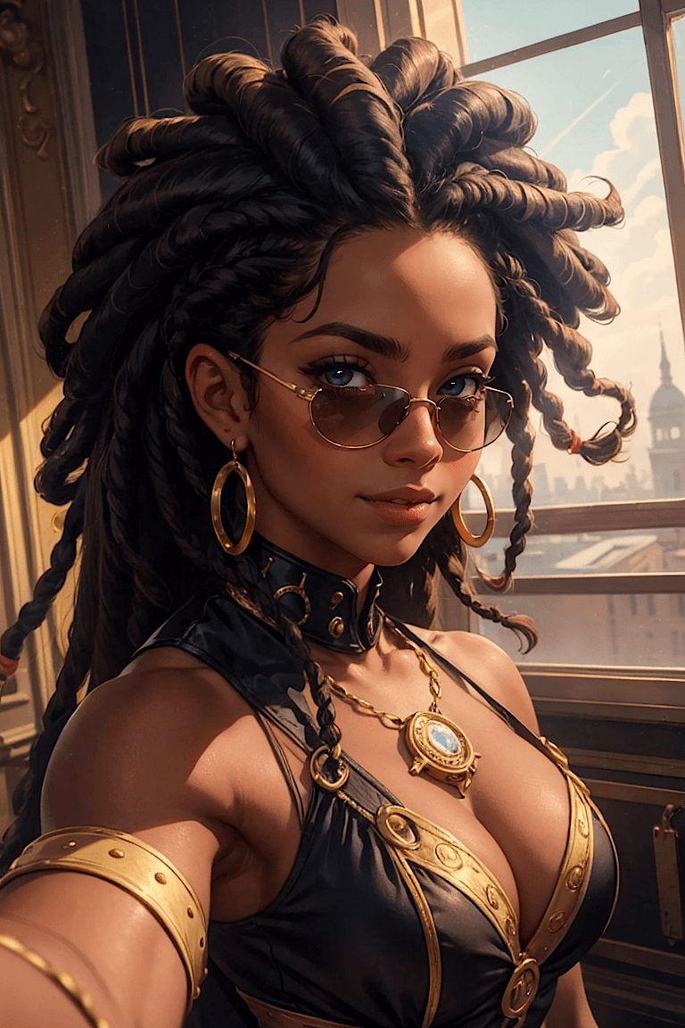 AI generated: Highly detailed art, close up selfie portrait, sepia ink, a black girl, afro dreadlocks, perfect bod...