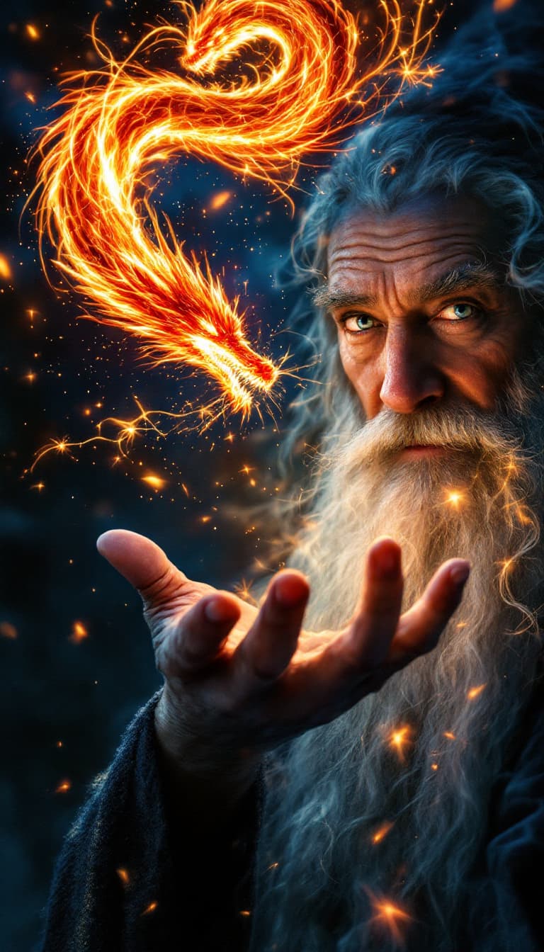 AI generated: A close-up, cinematic painting of Gandalf the Grey, captured from the chest up with a focused, intim...