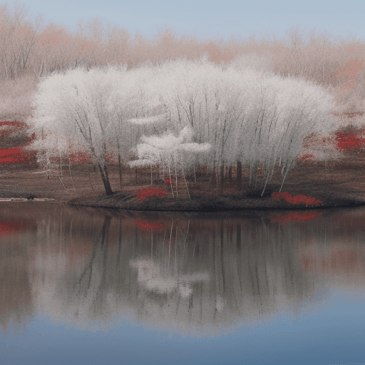 AI generated: Lake of scarlet poison. Withered trees. White Lilies across it's surface.
