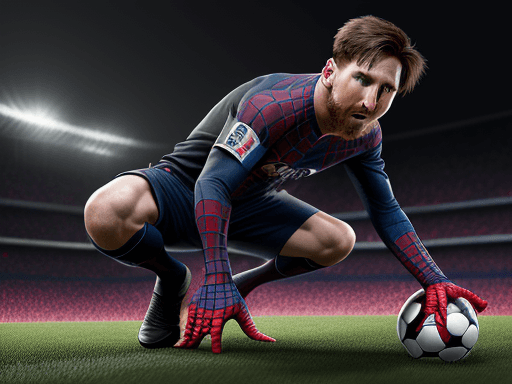 AI generated: Messi doing the classic Spider-Man pose on the pitch, in the style of the Stars Art Group, photoreal...