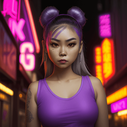 AI generated: a filipina girl in a purple top in a neon city, in the style of china punk, iconic album covers, sof...