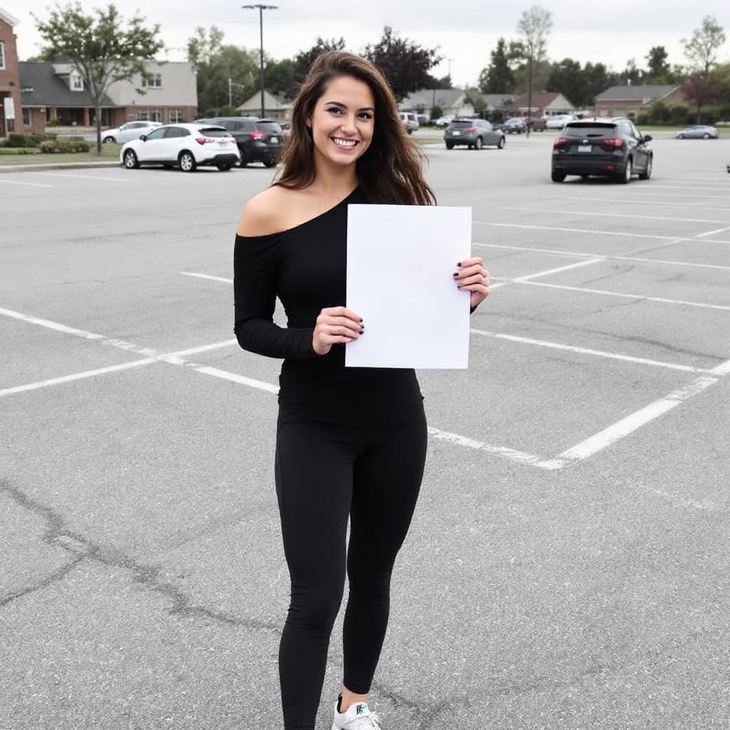 AI generated: A girlfriend is holding an A4 sheet , Liv Tyler, wearing a black off the shoulder top, yoga pants, s...