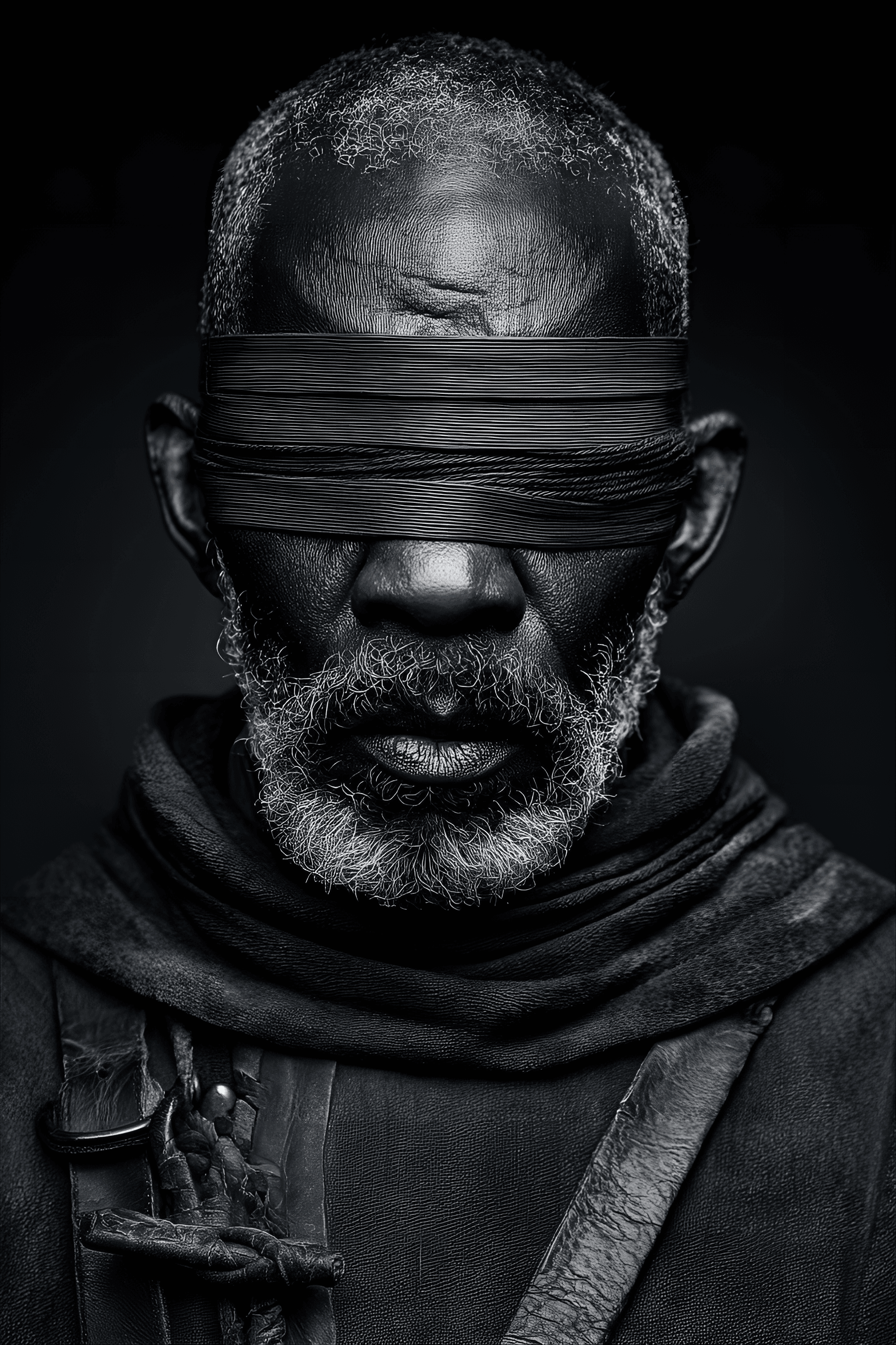 AI generated: Close-up portrait of a mature man, likely middle-aged, with a serious expression.  Dark skin tone, w...