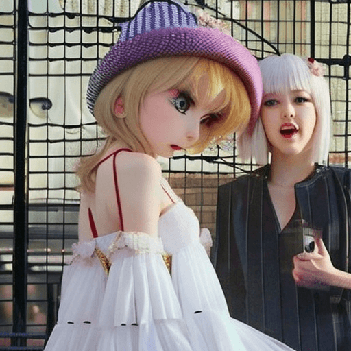 AI generated: Dos chicas gal estilo anime , chica gal Yamamba morena de pelo blanco y maquillaje exagerado y Chica...