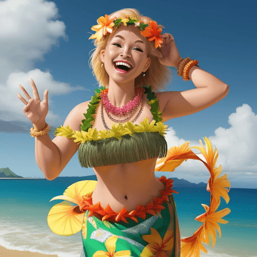 AI generated: Pixar Style,  beautiful, hawaiian hula dancer, laughing, grass skirt, Hawaiian Jumbo Necklace Mahalo...