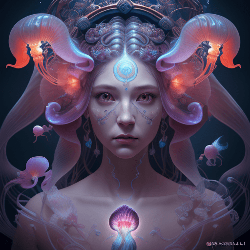 AI generated: Goddess close-up portrait ribcagel. jellyfish phoenix head, nautilus, orchid, skull, betta fish, bio...