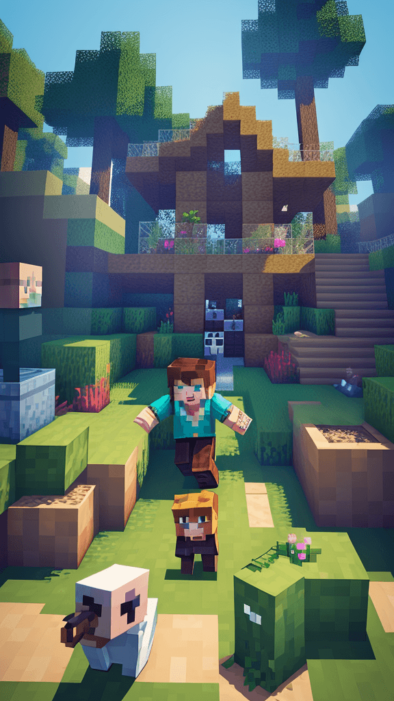 AI generated: (style: minecraft)(character: boy)(action: playing)(action: playing with a puppy)(action: excited ha...