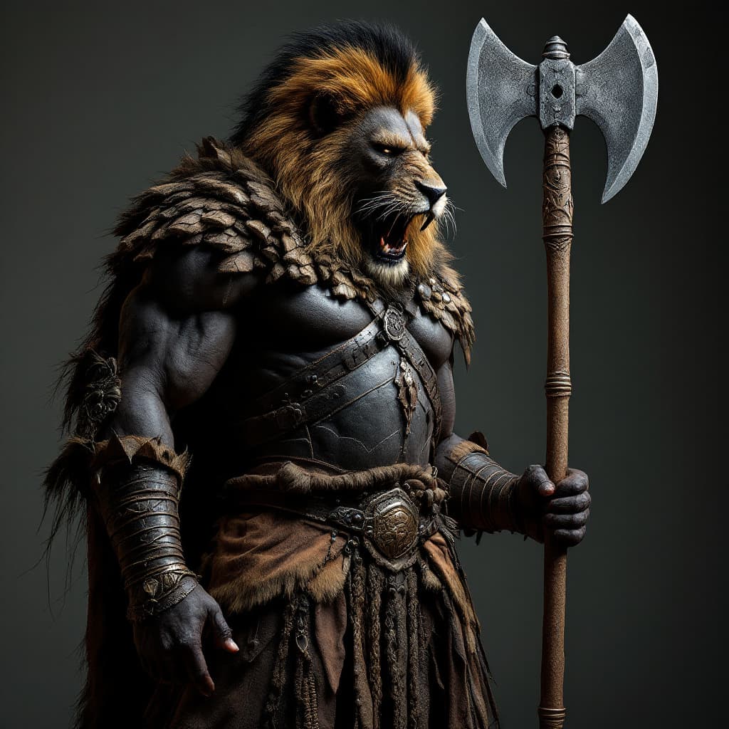 AI generated: A 14ft tall black African Warrior , with Zulu style armour holding a double sided Axe with the head ...
