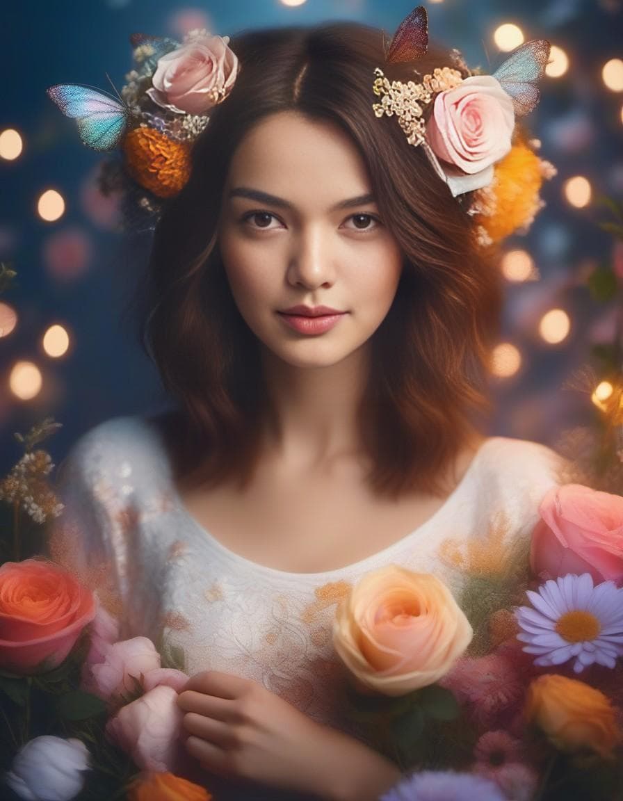 AI generated: fairy with flowers, pastel colors, extremely detailed, lights, glow, flowers