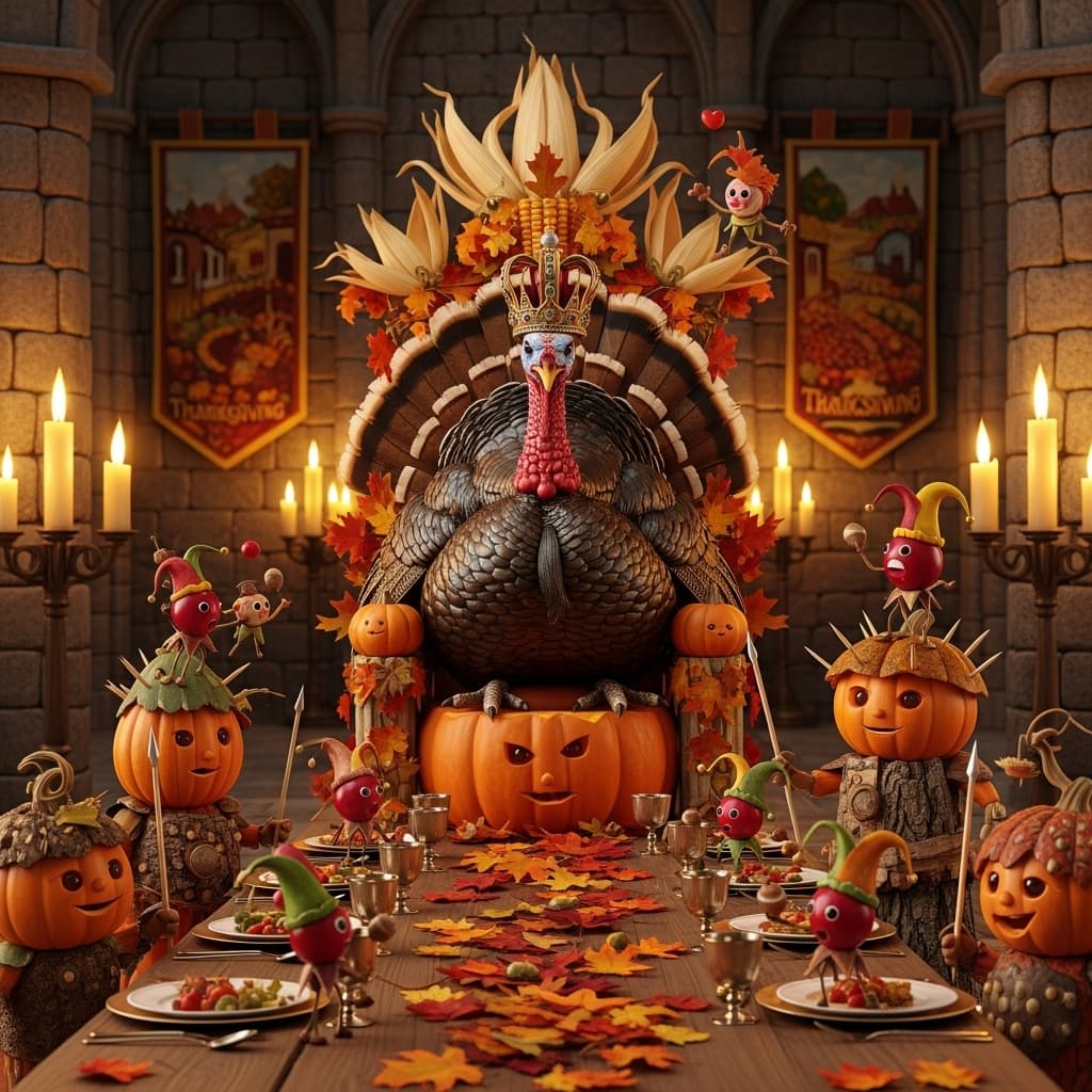 AI generated: The Turkey King’s Throne — a regal turkey wearing a crown of corn husks presides over a court of pum...