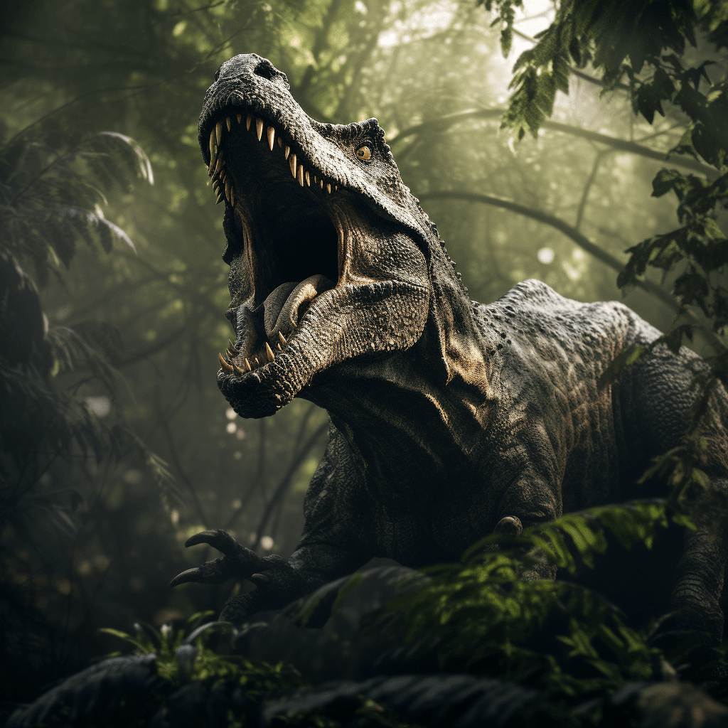 AI generated: hyderabad a roaring dinosaur in the forest surrounded by trees, in the style of mike campau, hyperre...