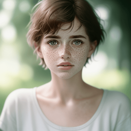AI generated: Detailed and realistic portrait of a woman with freckles, round eyes and short messy hair shot outsi...