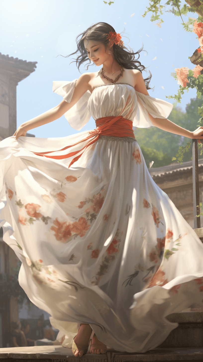 AI generated: (masterpiece, best quality, detailed)), outdoor setting, wind_lift, smiling dancer, sheer toga dress...