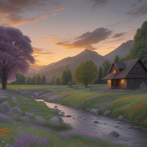 AI generated:  a landscape image during sunset with a small river flowing through a green meadow filled with wildf...