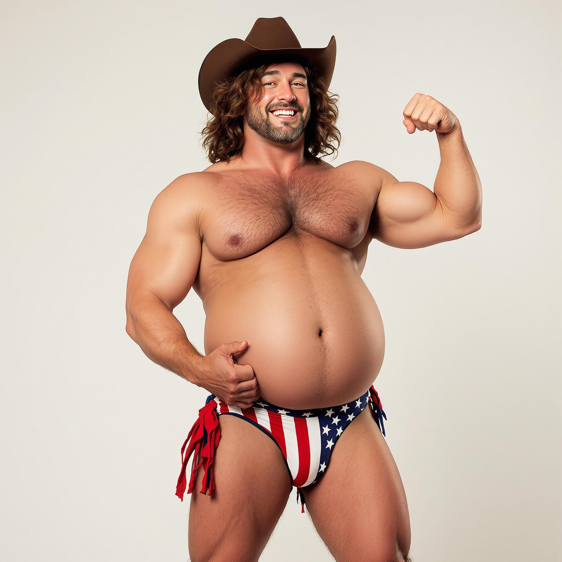 AI generated: Male stripper, big bulge pouch, muscles, cowboy hat, cowboy boots, American flag thong, flexing, smi...