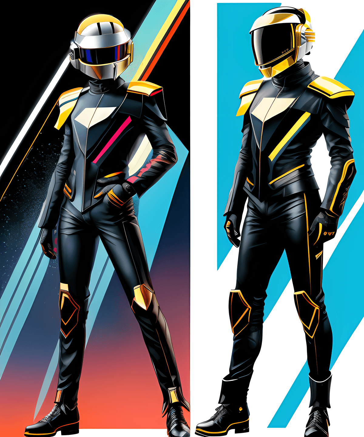 AI generated: Daft Punk in cyber punk style , digital illustration, disney, rule 63, full body, perfect anatomy, p...